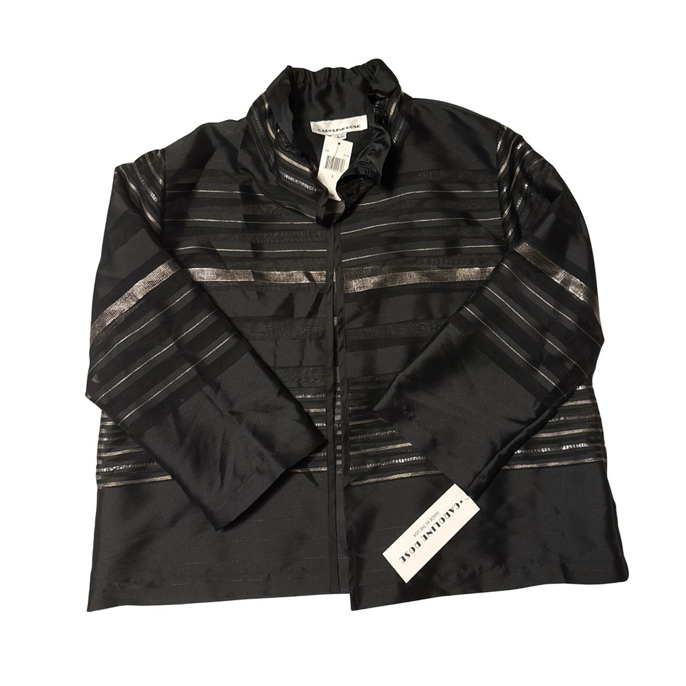 Caroline Rose Black Silver Metallic Striped Ruffle Collar Evening Jacket Large